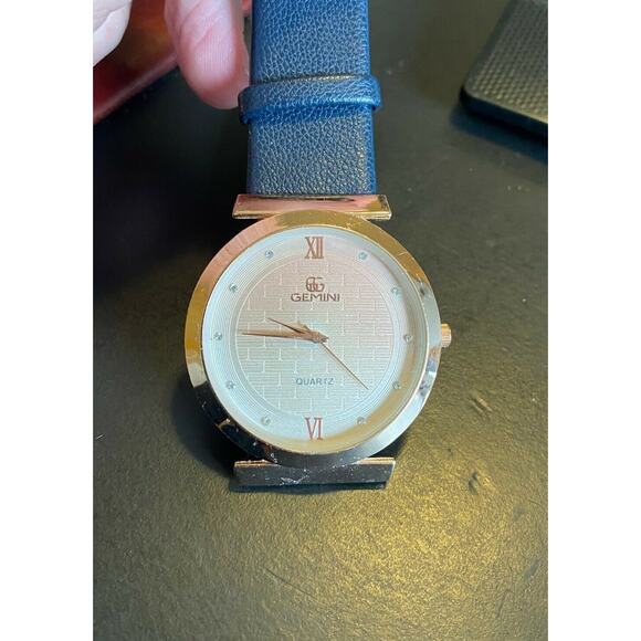 Women's 43mm Gold Tone Gemini Watch, Crystal Accented Face, Black Band - Picture 2 of 3